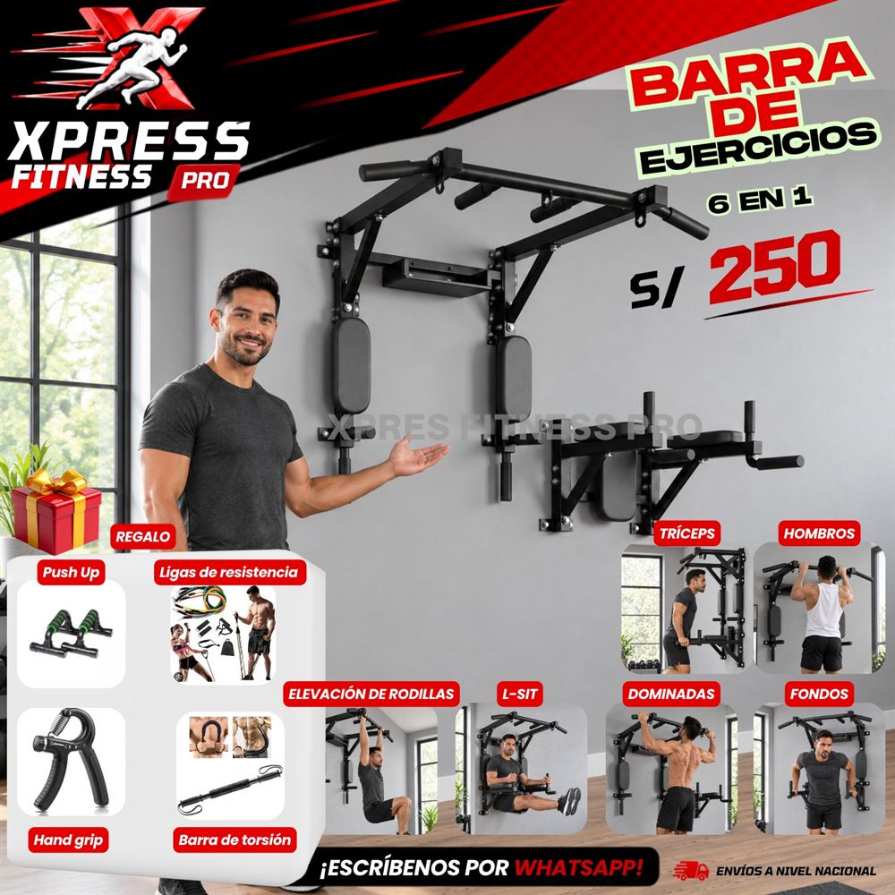Barra de ejercicios 6 en 1 instalada en la pared